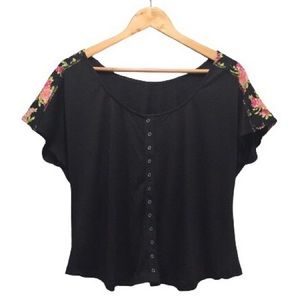 Xhilaration Black Floral Shoulder Button-Back Top